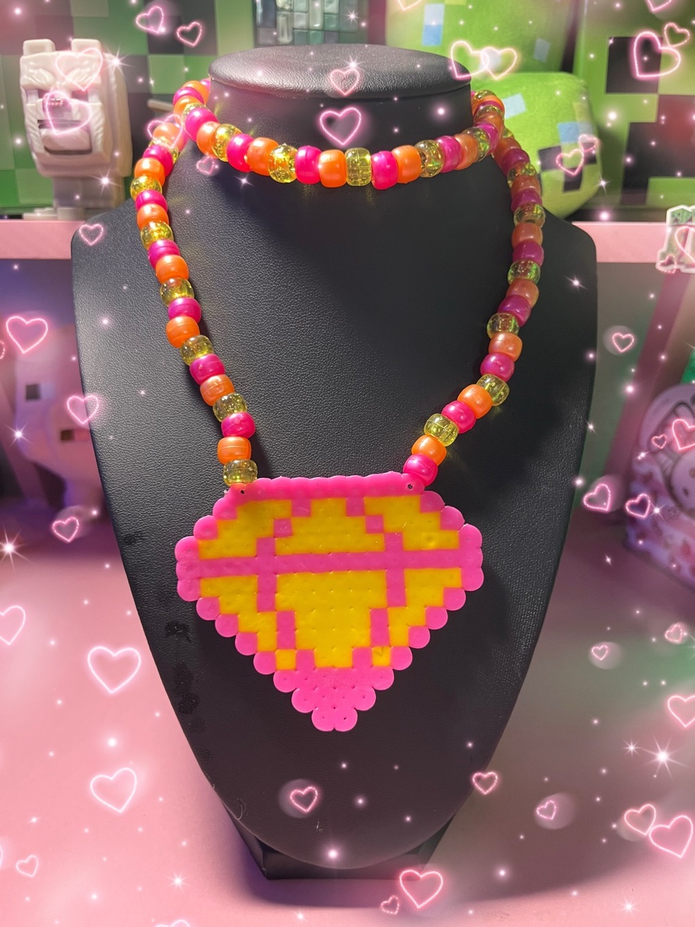 Pink yellow diamond perler Kandi necklace